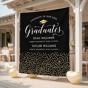 Two Graduates Black Gold Confetti Backdrop Tapestry