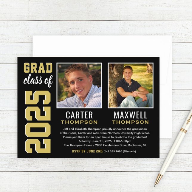 Two Graduates Black Gold Graduation Party Photo Invitation (Creator Uploaded)