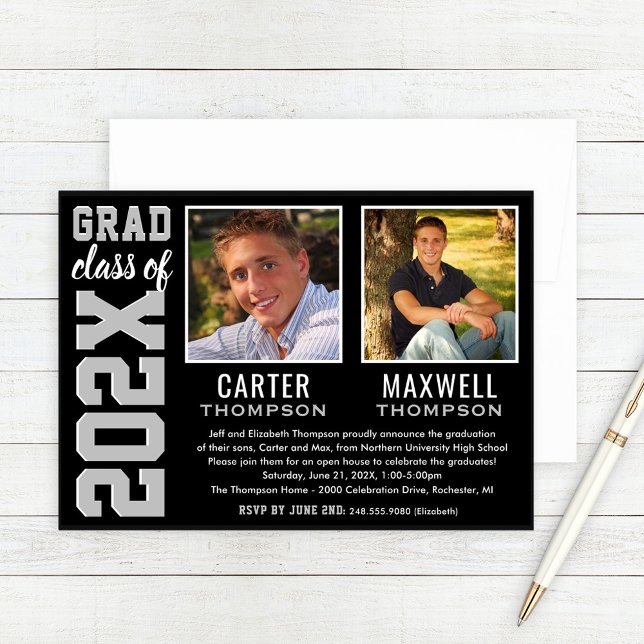 Two Graduates Black Grey Graduation Party Photo Invitation (Creator Uploaded)