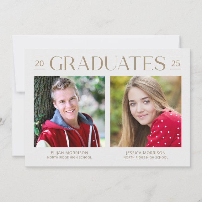 Two Graduates Minimal Gold Photo Graduation Party Invitation (Front)