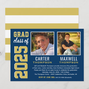 Two Graduates Navy Gold Graduation Party Photo Invitation