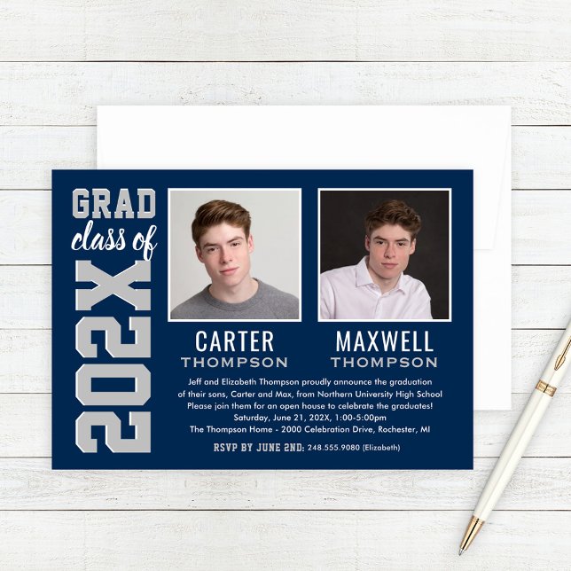 Two Graduates Navy Gray Graduation Party Photo Invitation (Creator Uploaded)