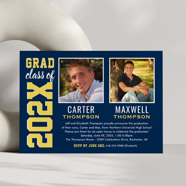 Two Graduates Navy Yellow Graduation Party Photo Invitation (Creator Uploaded)