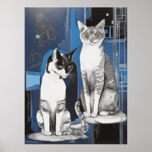 Two Gray Cats on an Abstract Background Poster