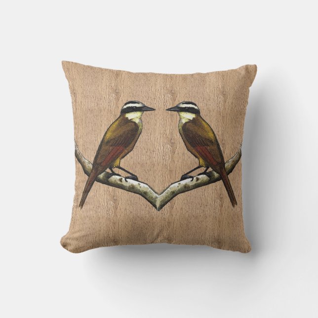 Two Great Kiskadee Birds on Bark Background: Art Cushion (Front)