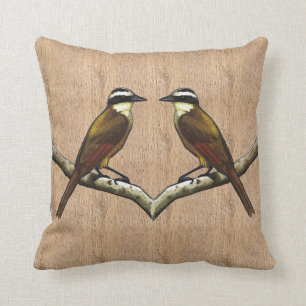 Two Great Kiskadee Birds on Bark Background: Art Cushion