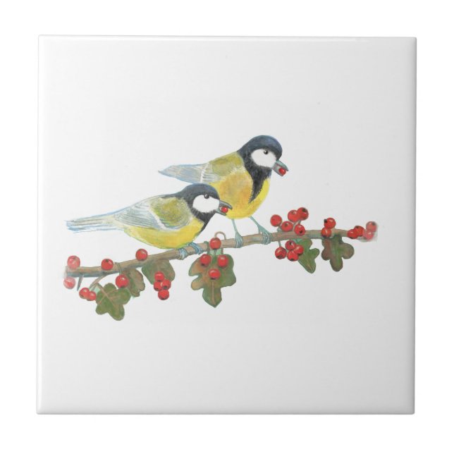 Two Great Tit Birds on The hawthorn Tree Branch  Ceramic Tile (Front)