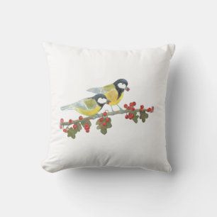Two Great Tit Birds on The hawthorn Tree Branch Cushion
