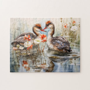 Two grebes among white pond plants jigsaw puzzle