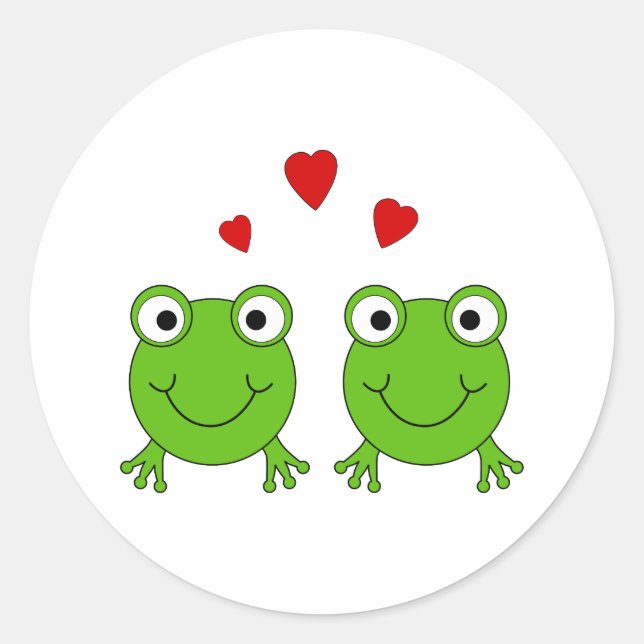 Two green frogs with red hearts. classic round sticker (Front)