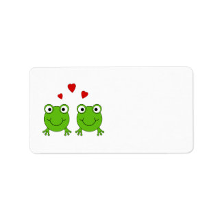 Two green frogs with red hearts. label