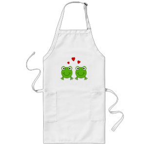 Two green frogs with red hearts. long apron