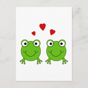 Two green frogs with red hearts. postcard