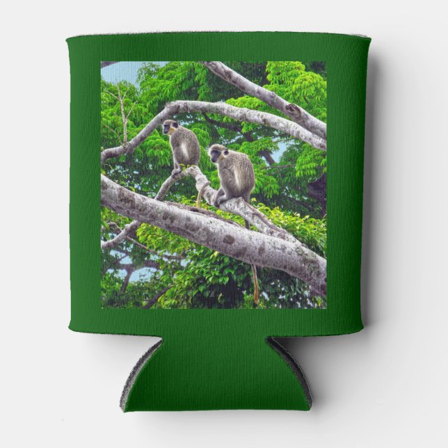 Two Green Monkeys Sitting In Tree Print Can Cooler (Front)