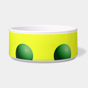 Two Green Spheres on Yellow Ceramic Pet Bowl