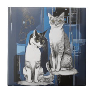 Two Grey Cats on an Abstract Background  Ceramic Tile