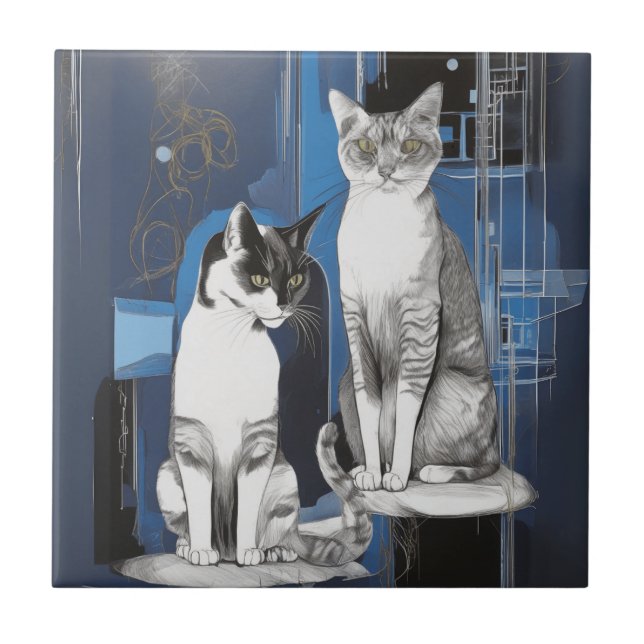 Two Grey Cats on an Abstract Background  Ceramic Tile (Front)