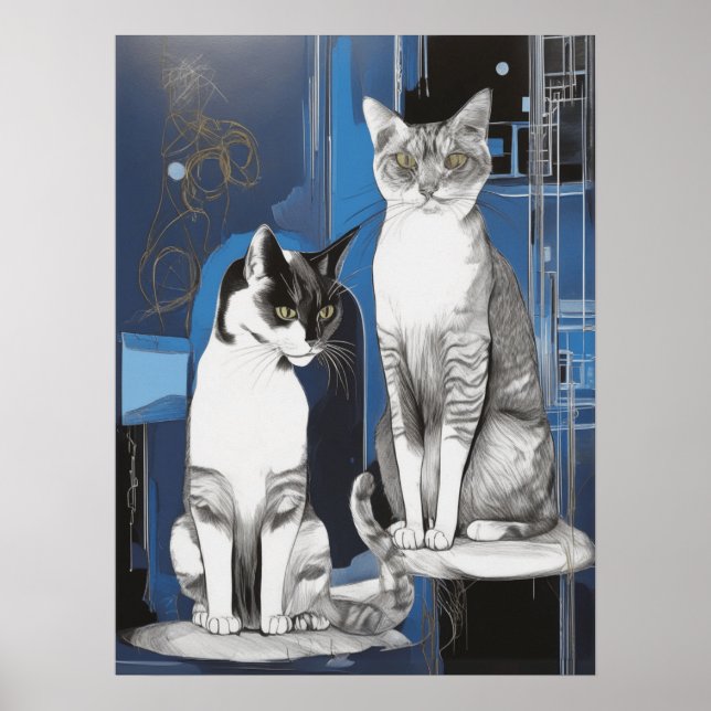 Two Grey Cats on an Abstract Background Poster (Front)