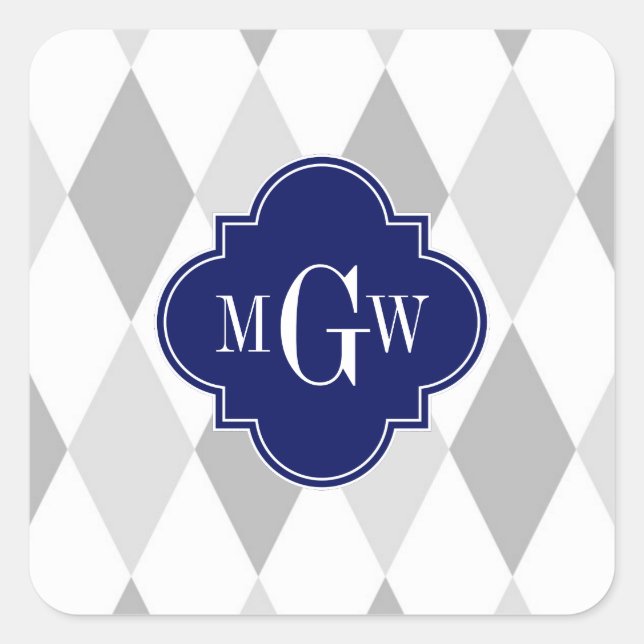Two Grey Wht Harlequin Navy 3 Initial Monogram Square Sticker (Front)