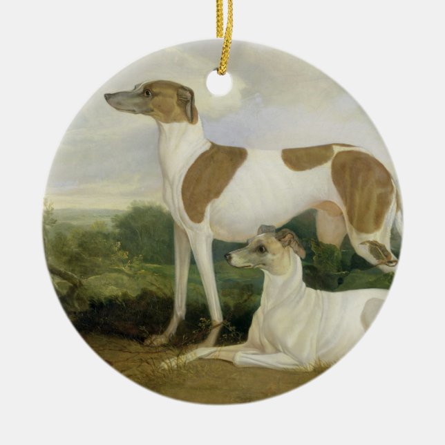 Two Greyhounds in a Landscape (oil on canvas) Ceramic Ornament (Front)