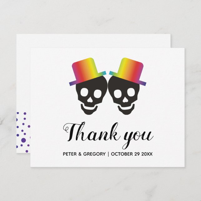 Two grooms and confetti gay wedding thank you card (Front/Back)