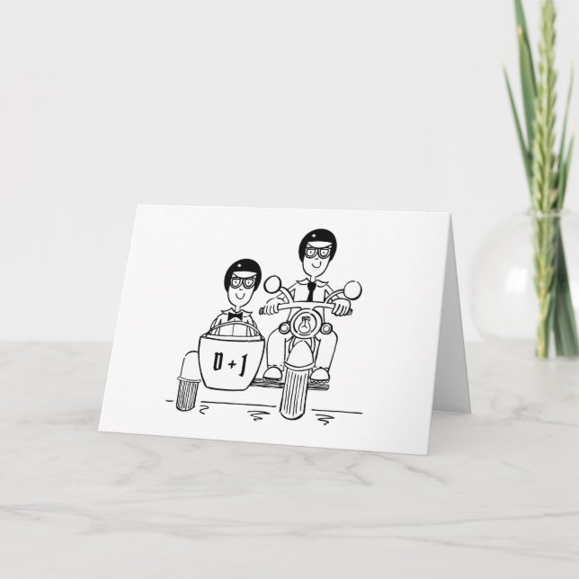 Two Grooms Biker Motorcycle and Sidecar Wedding Card (Front)