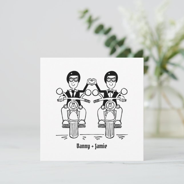 Two Grooms Biker Motorcycle Evening Wedding Invitation (Standing Front)