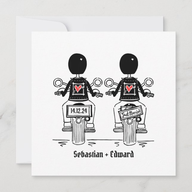 Two Grooms Biker Motorcycle Evening Wedding Invitation (Front)