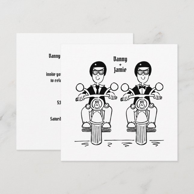 Two Grooms Biker Motorcycle Evening Wedding Invitation (Front/Back)