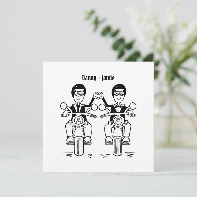 Two Grooms Biker Motorcycle Wedding Invitation (Standing Front)