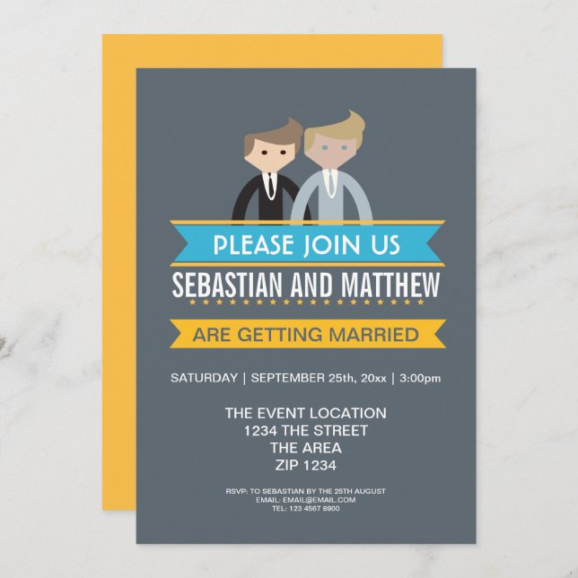 Two Grooms Cartoon Wedding Gay Themed Invitation (Front/Back)