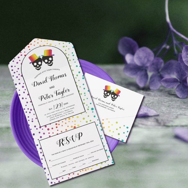 Two grooms confetti rainbow colours gay wedding all in one invitation (Creator Uploaded)