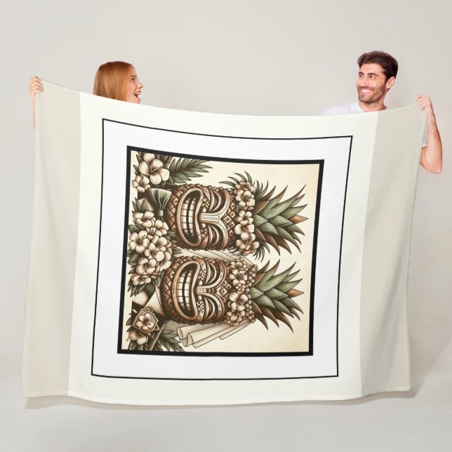 Two Grooms Gay Pineapple Tiki Head Retro Wedding  Fleece Blanket (In Situ)