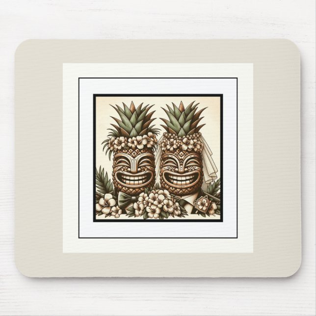 Two Grooms Gay Pineapple Tiki Head Retro Wedding  Mouse Pad (Front)
