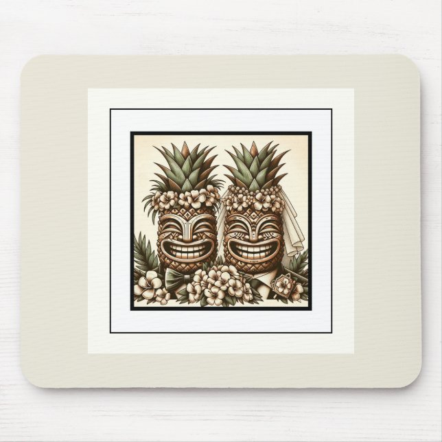 Two Grooms Gay Pineapple Tiki Head Retro Wedding  Mouse Pad (Front)