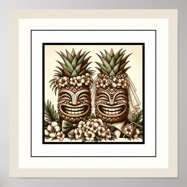 Two Grooms Gay Pineapple Tiki Head Retro Wedding  Poster (Front)