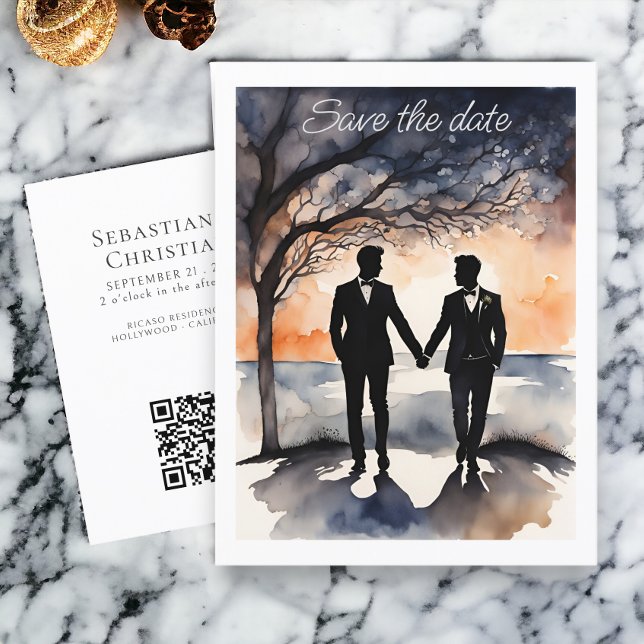 Two Grooms Gay Wedding Save the Date Announcement Postcard (Two Grooms Gay Wedding Save the Date Announcement Postcard from Ricaso. LGBT wedding products)