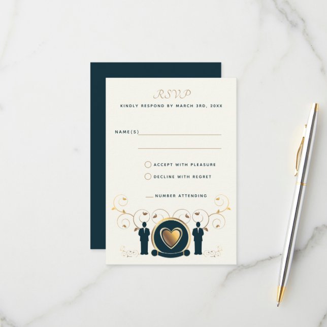 Two Grooms Gold Heart Cream Blue LGBTQ Wedding RSVP Card (Front/Back In Situ)