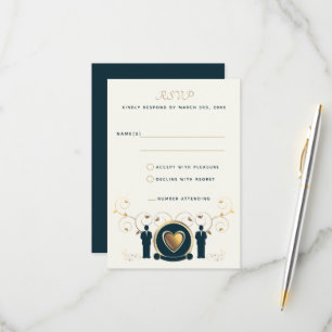 Two Grooms Gold Heart Cream Blue LGBTQ Wedding RSVP Card