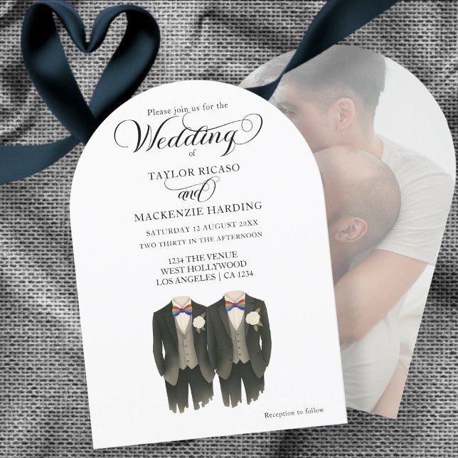 Two grooms in Rainbow Ties Gay Wedding photo  Invitation (Two grooms in Rainbow Ties Gay Wedding photo Invitation by Ricaso exclusive to Zazzle)