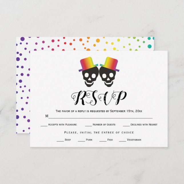 Two grooms rainbow colours confetti gay wedding RSVP card (Front/Back)