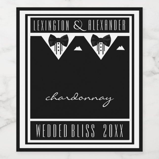 Two Grooms Tuxedo and Bow Ties Black and White Wine Label (Single Label)