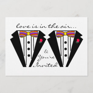 Two Grooms Wedding Tuxedo With Rainbow Bow Tie Invitation