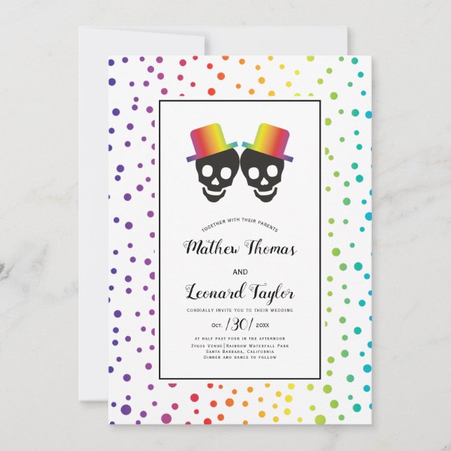 Two grooms with hats rainbow colours gay wedding invitation (Front)