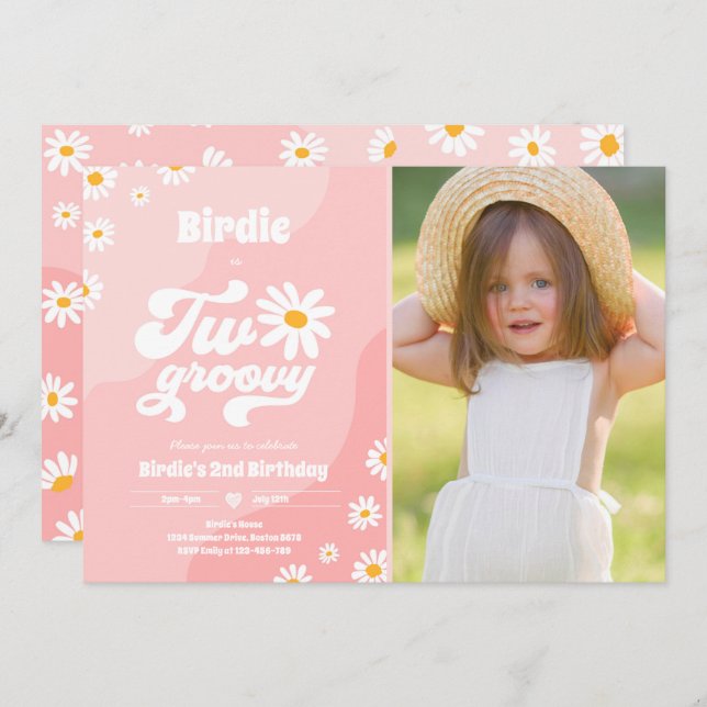 Two Groovy 2nd Birthday Party Boho Retro Daisy Invitation (Front/Back)
