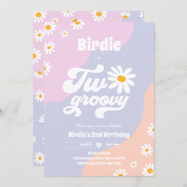 Two Groovy 2nd Birthday Party Boho Retro Daisy Invitation (Front/Back)
