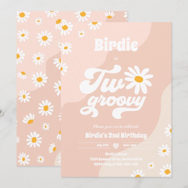Two Groovy 2nd Birthday Party Boho Retro Daisy Invitation (Front/Back)