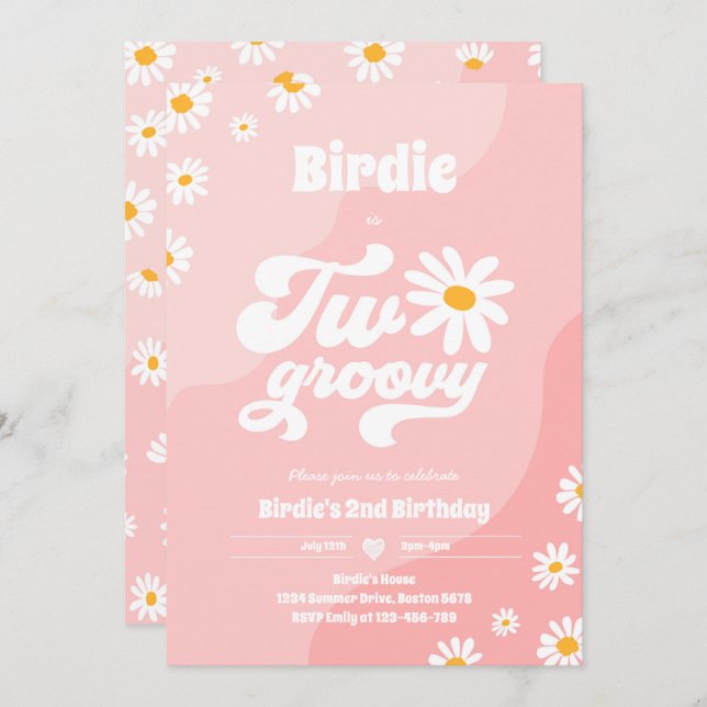 Two Groovy 2nd Birthday Party Boho Retro Daisy Invitation (Front/Back)