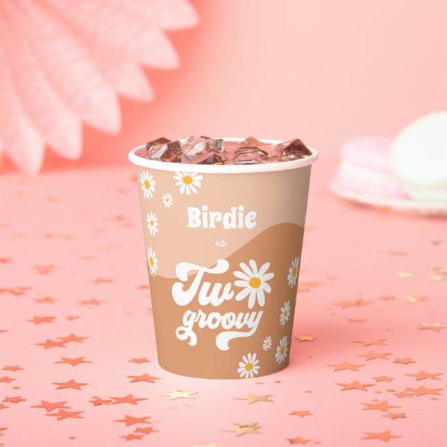 Two Groovy 2nd Birthday Party Retro Daisy Decor Paper Cups (Insitu)