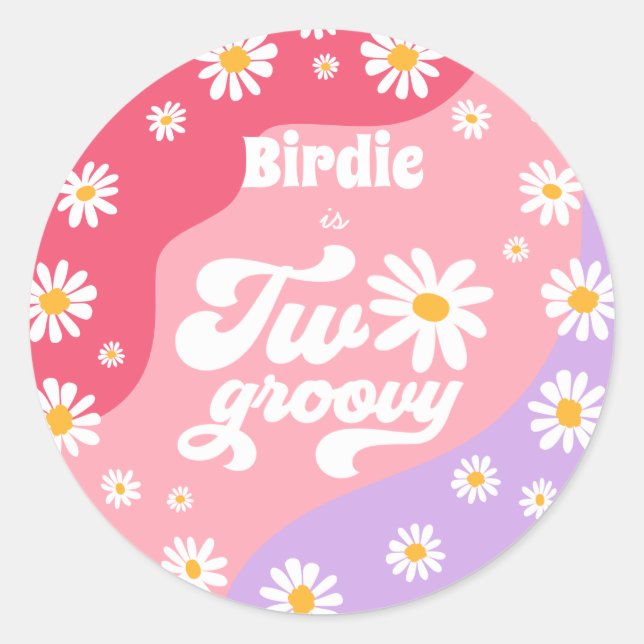 Two Groovy 2nd Birthday Party Retro Daisy Favours Classic Round Sticker (Front)